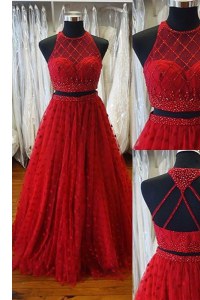 Beauteous Scoop A-line Sleeveless Red Sweep Train Backless