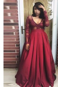 Burgundy Long Sleeves Floor Length Beading and Appliques and Pleated Zipper Prom Gown