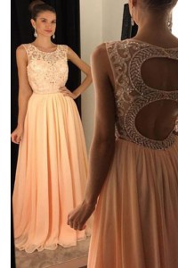 Scoop Sleeveless Backless Prom Gown Peach Chiffon