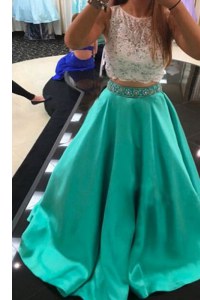 Scoop Beading and Lace Homecoming Dress Turquoise Zipper Sleeveless With Train