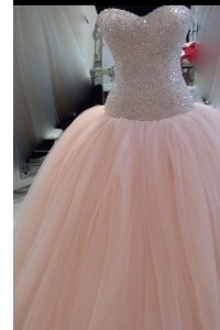 Pink Zipper Sweetheart Beading and Sequins and Bowknot Prom Dresses Tulle Sleeveless