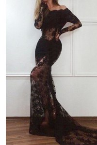 Mermaid Off the Shoulder Long Sleeves With Train Lace Zipper Dress for Prom with Black Court Train