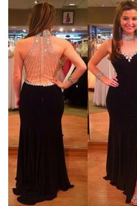 Perfect Black Column/Sheath Halter Top Sleeveless Satin Floor Length Zipper Beading Evening Dress
