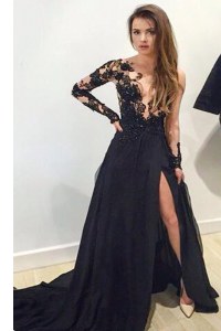 High Quality Black A-line Lace and Appliques Prom Dresses Zipper Tulle Long Sleeves