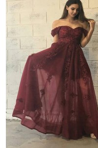 Colorful Burgundy Tulle Zipper Off The Shoulder Short Sleeves Floor Length Prom Evening Gown Appliques