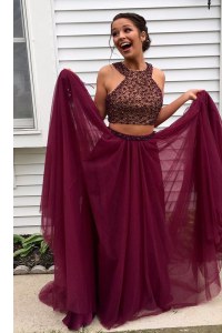 Halter Top With Train Backless Homecoming Dress Burgundy for Prom with Beading Sweep Train