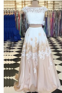 Champagne Two Pieces Chiffon Bateau Cap Sleeves Beading and Lace Floor Length Backless Dress for Prom