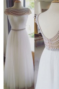 Column/Sheath Dress for Prom White Bateau Tulle Cap Sleeves Floor Length Zipper