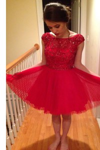 High Class Knee Length Zipper Prom Party Dress Red for Prom and Party with Beading