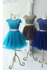 High Quality Scoop Aqua Blue Cap Sleeves Organza Zipper Prom Dress for Prom and Party