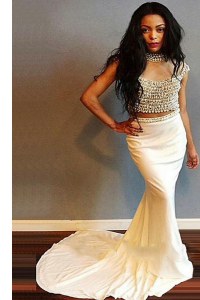 Clearance Mermaid White Zipper Scoop Beading Dress for Prom Elastic Woven Satin Cap Sleeves Sweep Train