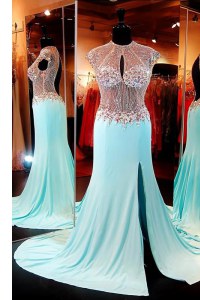 Unique Aqua Blue High-neck Backless Beading Prom Party Dress Sweep Train Cap Sleeves