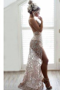 Clearance Champagne Column/Sheath Straps Sleeveless Lace Backless Sequins Prom Gown
