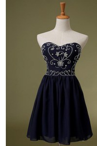 Knee Length Navy Blue Prom Party Dress Chiffon Sleeveless Embroidery
