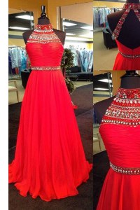 Edgy Halter Top Red Sleeveless Floor Length Beading Backless Prom Gown