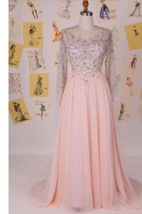 Fitting Scoop Pink Long Sleeves Brush Train Beading With Train Homecoming Dress