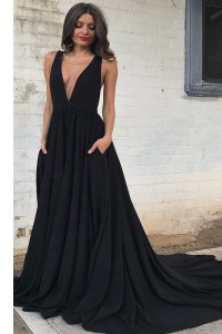 Flare Black Backless V-neck Ruching Formal Dresses Chiffon Sleeveless Court Train