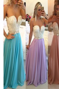 Excellent Blue Chiffon Clasp Handle Sweetheart Sleeveless Floor Length Evening Gowns Beading