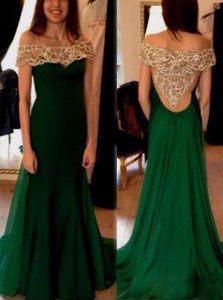 Off the Shoulder Side Zipper Oscars Dresses Dark Green for Prom and Party with Beading and Pleated Sweep Train