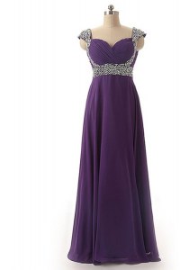 Beading and Ruching Pageant Gowns Purple Lace Up Cap Sleeves Floor Length