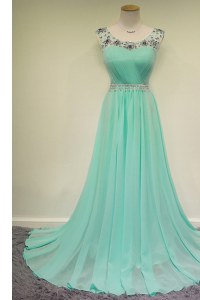 Turquoise Scoop Zipper Beading Prom Evening Gown Brush Train Sleeveless