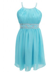 Aqua Blue A-line Chiffon Halter Top Sleeveless Beading Knee Length Criss Cross Dress for Prom