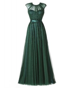 Scoop Cap Sleeves Tulle Floor Length Zipper in Dark Green with Beading and Pleated