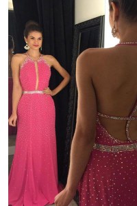 Scoop Beading Dress for Prom Hot Pink Backless Sleeveless Sweep Train