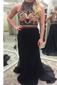 Black Sleeveless Chiffon Brush Train Backless Prom Dress for Prom and Party