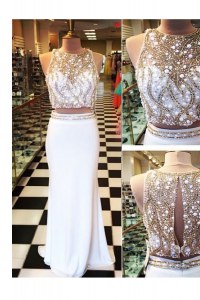 Chiffon Scoop Sleeveless Zipper Beading and Appliques Prom Party Dress in White