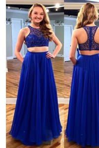 Scoop Floor Length Zipper Prom Evening Gown Royal Blue for Prom and Party with Beading