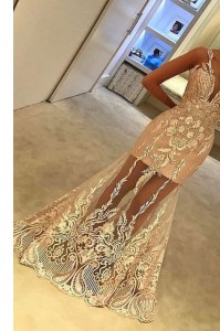 Custom Made Mermaid Floor Length Champagne Prom Dresses Tulle Sleeveless Appliques