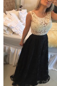 Suitable Scoop Floor Length Side Zipper Prom Gown White And Black for Prom and Party with Beading and Lace