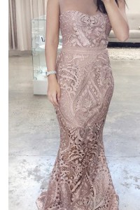 Scoop Lace Floor Length Mermaid Sleeveless Pink Prom Evening Gown Zipper