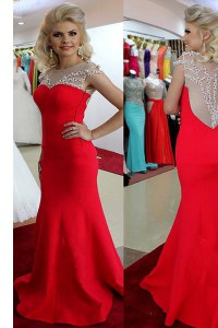Amazing Mermaid Scoop Floor Length Side Zipper Dress for Prom Red for Prom and Party with Beading