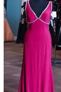 V-neck Sleeveless Zipper Prom Gown Fuchsia Satin
