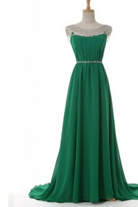 Green Elastic Woven Satin Side Zipper Scoop Sleeveless With Train Dress for Prom Sweep Train Belt