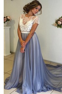 Deluxe Scoop Backless Homecoming Dress Grey for Prom and Party with Lace and Bowknot Court Train