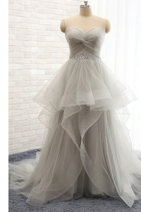 Grey Red Carpet Gowns Sweetheart Sleeveless Court Train Lace Up