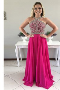 Attractive Halter Top Chiffon Sleeveless With Train Prom Dress Sweep Train and Beading