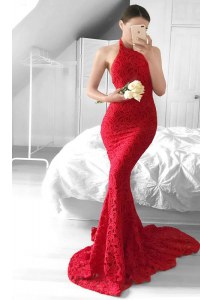 Artistic Sweep Train Mermaid Red Halter Top Lace Sleeveless Backless