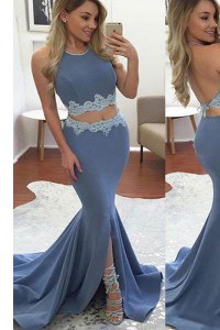 Fantastic Mermaid Blue Evening Dress Prom and For with Lace Halter Top Sleeveless Sweep Train Backless