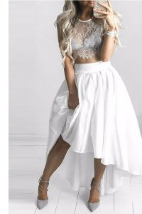 Excellent Scoop White Cap Sleeves Chiffon Lace Up Prom Evening Gown for Prom