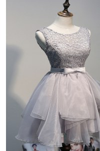 Grey Prom Evening Gown Prom and Party and For with Beading Scoop Sleeveless Lace Up