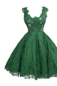 Scoop Lace Appliques Prom Dress Dark Green Zipper Sleeveless Knee Length