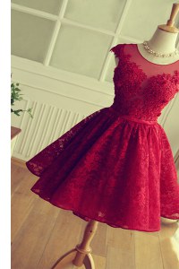 Scoop Satin and Lace Cap Sleeves Knee Length Dress for Prom and Appliques