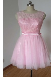 Latest Scoop Knee Length Backless Prom Party Dress Pink for Prom and Party with Lace and Bowknot