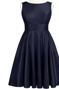 Affordable Navy Blue A-line Taffeta Scoop Sleeveless Bowknot Knee Length Backless Dress for Prom