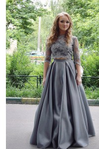 New Style Scoop Floor Length Grey Dress for Prom Satin 3 4 Length Sleeve Lace
