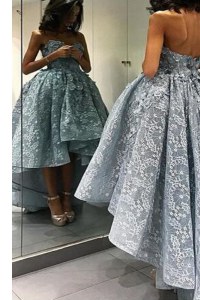 Glorious High Low Backless Prom Dress Grey for Prom and Party with Lace